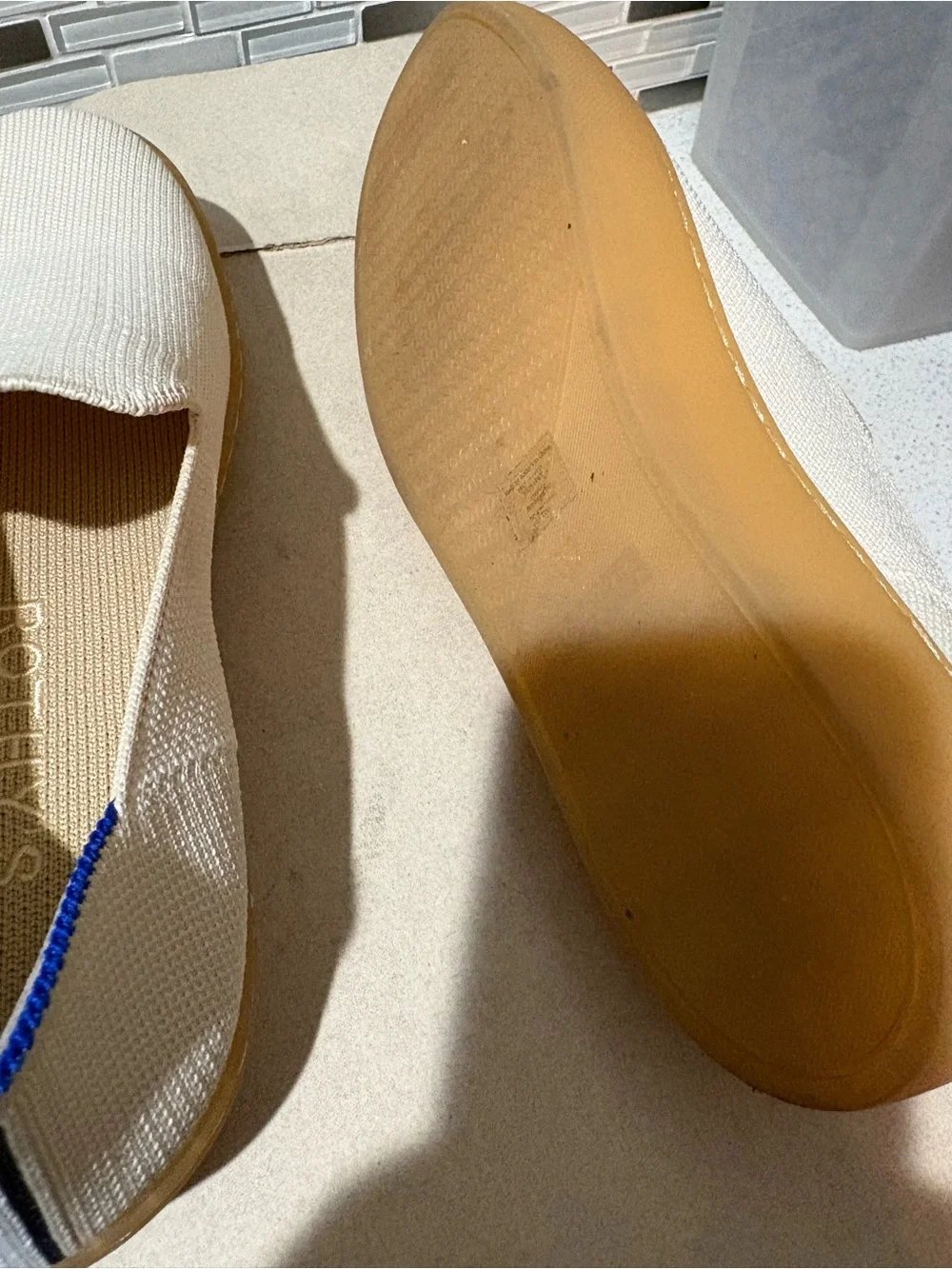 Rothy's Cream Espadrille Flats with Blue and Black Stripes